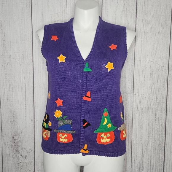 VTG 90s Purple Halloween Jack-o-lanterns & Stars w Witch Hat Buttons Vest, sz L - Picture 1 of 8